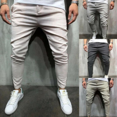 

Men Plaid Casual Pencil Jogger Cargo Pants Slim Fit Urban Straight Leg Trousers