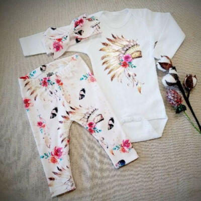 

3PCS Newborn Kids Baby Girls Romper TopsLong Pants Headband Floral Outfit Set