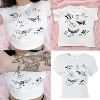 

Summer Women Short Sleeve Angel Printed Casual Slim Tops Tee Shirt Blouse
