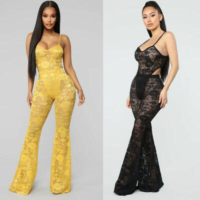 

Women&39s Sexy 2 Pieces Lace Mesh See-Through Bodycon Outfit Sets High Cut Bodysuit Long Flare Pants Clubwear