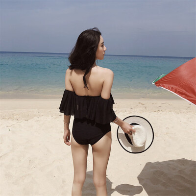 

Student swimwear female small fresh fragrance wind lotus leaf side gathers a word shoulder black swimsuit