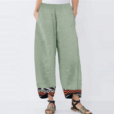 

Gobestart Fashion Womens Plus Size Pocket Lrregular Print Splice Loose Cotton Linen Pants