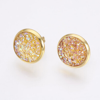 

Resin Stud Earrings with Golden Tone 304 Stainless Steel Findings Flat Round Druzy Resin Goldenrod 14515mm Pin 07mm