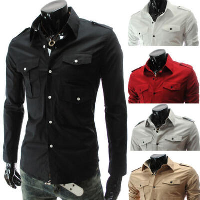 

Mens Epaulette Print Shirt Muscle Slim Xmas Party Button Up Blouse Tee Tops NEW