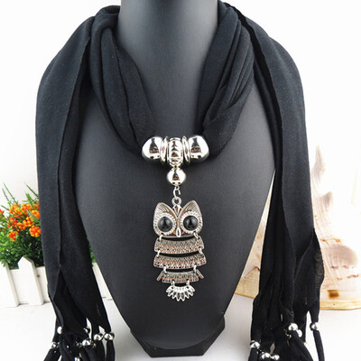

Popular Alloy Pendant Soft Shawl Necklace Scarf Owl Pendant Necklace Scarf Fringed Scarf