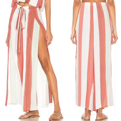 

Tailored Womens Elegant Striped Split High Waisted Belted Flowy Wide Leg Pants