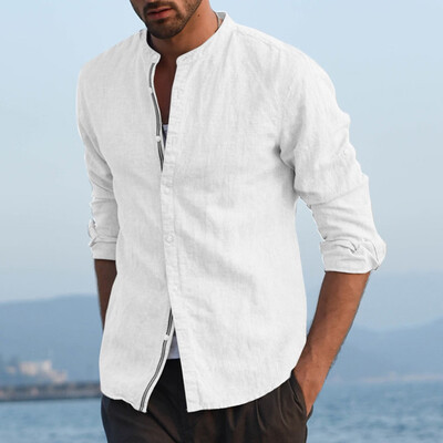 

Toponeto Mens Baggy Linen Blend Patchwork Solid Color Long Sleeve Stand Collar Shirts