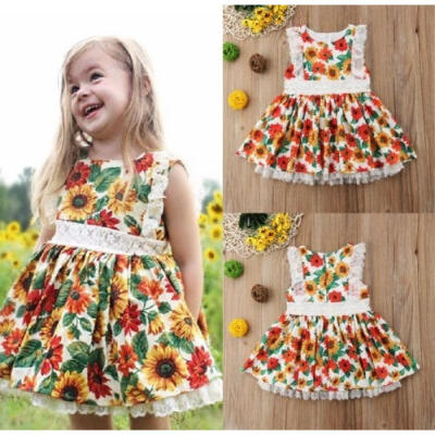 

Sunflower Toddler Baby Kids Girls Summer Floral Lace Casual Dress Clothes 1-6T