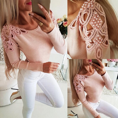 

2019 autumn new cross-border hot sale explosions long-sleeved T-shirt sexy hollow Slim shoulder stitching lace blouse Pink