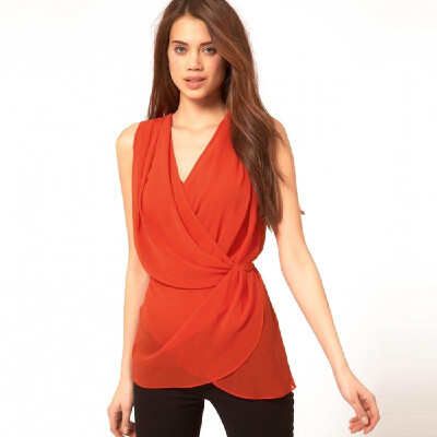 

New Fashion Women Chiffon Blouse V Neck Wrap Front Sleeveless Casual Vest Tank Top PinkRed