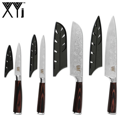 

XYj Kitchen 4pcs Stainless Steel Knives Set Free Covers Damascus Pattern Blade Color Wood Handle Chef Knife