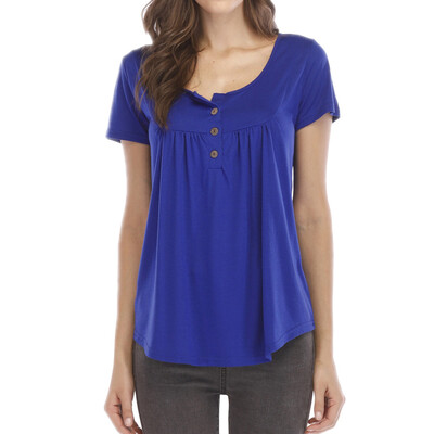 

Nomeni Women Solid Row Pleats Button Ruched O-Neck Short Sleeve Irregular T-Shirt Tops