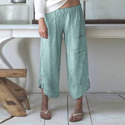 

Tailored Women Plus Size Stripe Pocket Wide Leg Pants Cotton Linen Trousers Ninth Pants