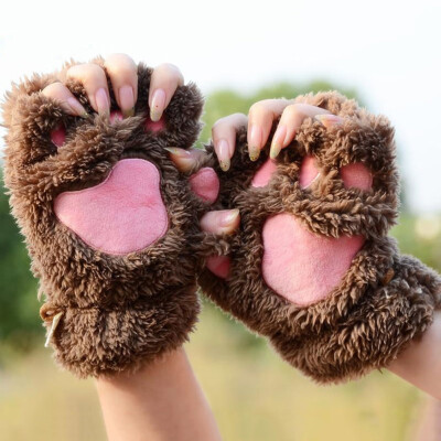 

Women Cute Cartoon Cat Thick Plush Bear Paw Half Finger Gloves Winter Girl Fingerless Cat Claw Fashion Warm Gloves