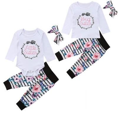 

Toddler Newborn Baby Little Sister Romper Big Sister T-shirtFloral Striped Pant Headbands Clothes Outfits Set