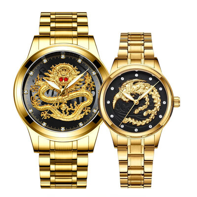 

2 pcs luxury diamonds Couple watches golden Dragon Phoenix stainless steel watch for men&women fashion lovers gift clock