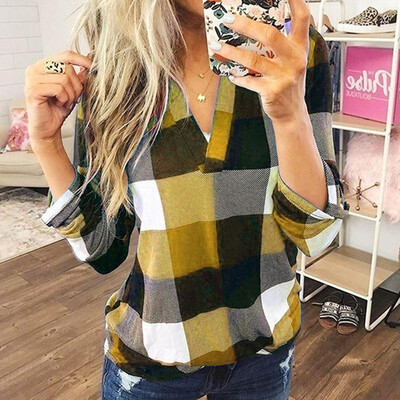 

Fashion Women Autumn Plaid Print Shirt V Neck Long Sleeve Loose Casual Plus Size T-Shirt Top