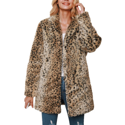 

Toponeto Women Winter Warm Thick Leopard Hooded Coat Splicing Cardigan Plush Jacket