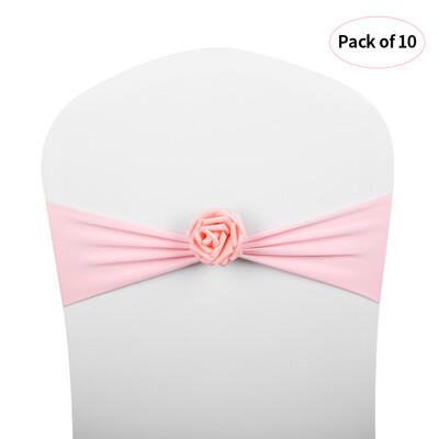 

10pcs Wedding Chair Sashes Bows Elastic Spandex Chair Sash Covers with Pink Flower Wedding Banquet Supplies Decorations--Black