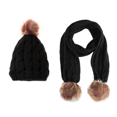 

2pcsset Cute Children Girls Warm Pompom Fleece Casual Twist Hats Scarf