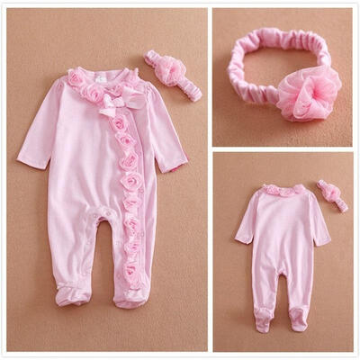 

2pc Newborn Baby Girls Long Sleeve 07M Romper Headband Clothes Outfits Set Pink