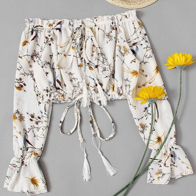 

Fashion Women Floral Long Sleeve Loose Casual Off Shoulder Crop Top Blouse