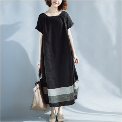 

Plus Size Women Crew Neck Short Sleeve Cotton Linen Striped Baggy Long Dress Pullover