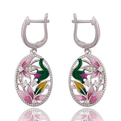 

Silver Flower Enamel Bohemian March For Women Engagement 925 Silver Earrings