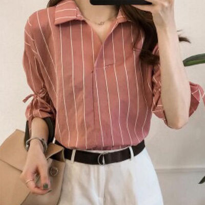 

Lace-up V-Neck Striped Butterfly Half Sleeves T-Shirts Women Casual Cotton&Chiffon Tops Shirts