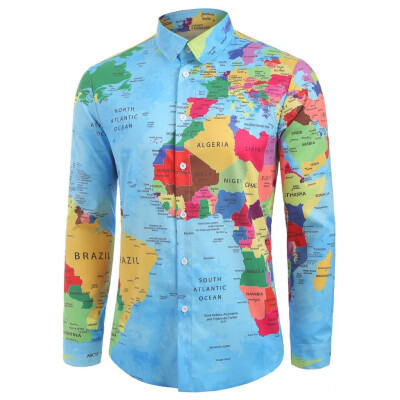 

Toponeto Mens Brief World Map 3D Print Long Sleeve Turn-down Collar T-Shirt Top Blouse