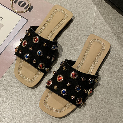 

Korean version of womens summer fashion rhinestone ins port wind flat bottom drag beach slippers