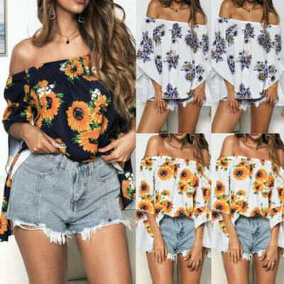 

Women Off Shoulder Floral Ladies Casual Beach Loose Summer Tops T-Shirt Blouse