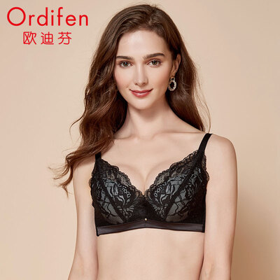 

Ou Difen underwear female 19 autumn&winter new thin section sexy lace bra female big chest small adjustment gathers soft steel ring ladies beauty back bra XB9204 black B85