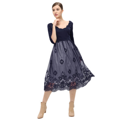 

Floral Lace Panel V Neck Vintage Dress