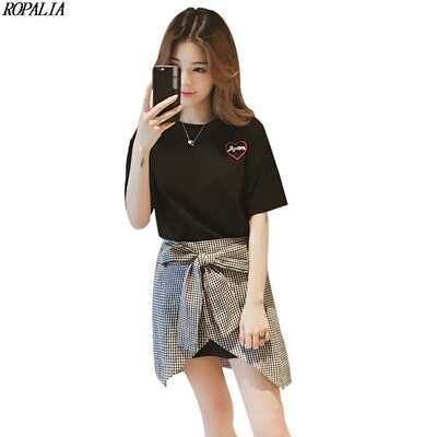 

Womens Round Neck Letter Print Short Sleeve T Shirt Dress Plaid Print Bow Skirt Two-Piece Set