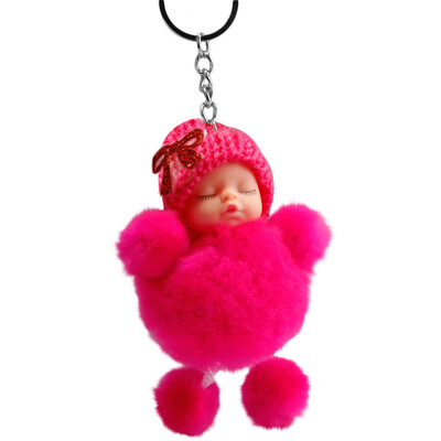 

Tailored Cute Sleeping Baby Bowtie Fluffy Pompom Fur Plush Doll Keychain Keyring Key Ring