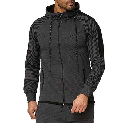 

Mens Hooded Sweatshirt Coat Stripe Zipper Casual Fitness Sports Tops Outwear