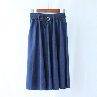 

Summer Autumn Women Denim Jeans Skirts A line Casual Belt Skirt High Elastic Waist Streetwear Midi Pleated Female Clothing