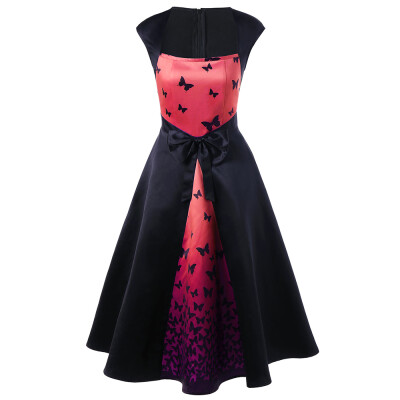 

Bowknot Embellished Butterfly Print Tea Length Vintage Dress