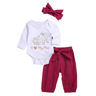 

Autumn Baby Girl Casual Elephant Pattern Long Sleeve Romper Tops Trousers Headband 3pcs Outfits Set