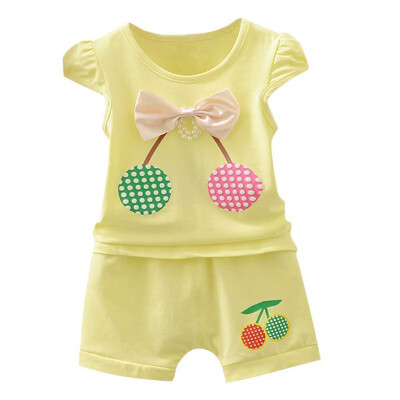 

Summer Baby Girls Clothing Set Fly Sleeve Cherry Print Bow T-shirt TopsShorts Casual Outfits Sets