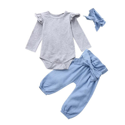 

3pcs Sweet Ruffle Long Sleeve Baby Clothes Set Girls Rompers Pants Headband