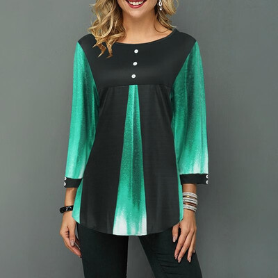 

Women Blouse Splice Color Block Round Neck Long Sleeve Loose Button Asymmetry Hem T-shirt Tee Tops