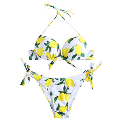 

Halter Neck Lemon Print Backless Knotted Underwired Padded Women Bikini Set