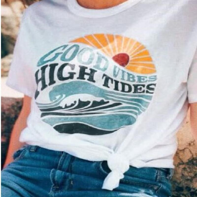 

2019 foreign trade Europe&America AliExpress summer new round neck print womens shirt white