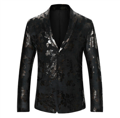 

Toponeto Mens Fashion British Court Style Sheet Metal Print Casual Single Breasted Suit