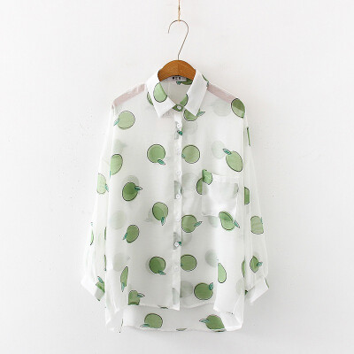 

Ladies Casual Long Sleeve Fruit Print Chiffon Shirt Women Turn-down Collar Outerwear Blouse Tops