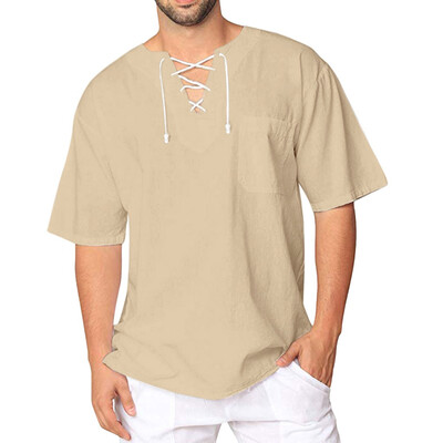 

Toponeto Mens Baggy Drawstring Solid Short Sleeve Vintage T Shirts Tops Blouse