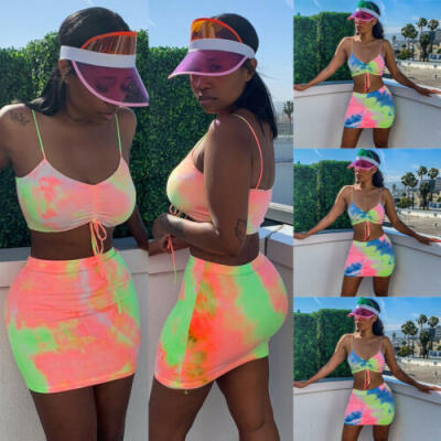 

Summer Beach Women Evening Party Dress Short Skirt Sexy Crop Top Two Piece Set