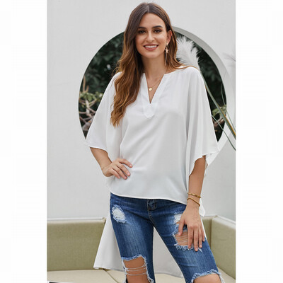 

Asymmetrical shirt Womens solid color V-neck short-sleeved long shirt